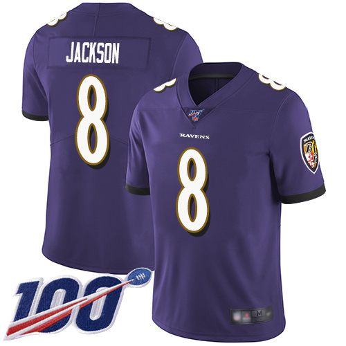 Men's Baltimore Ravens #8 Lamar Jackson Purple 2019 100th Season Vapor Untouchable Limited NFL Jersey