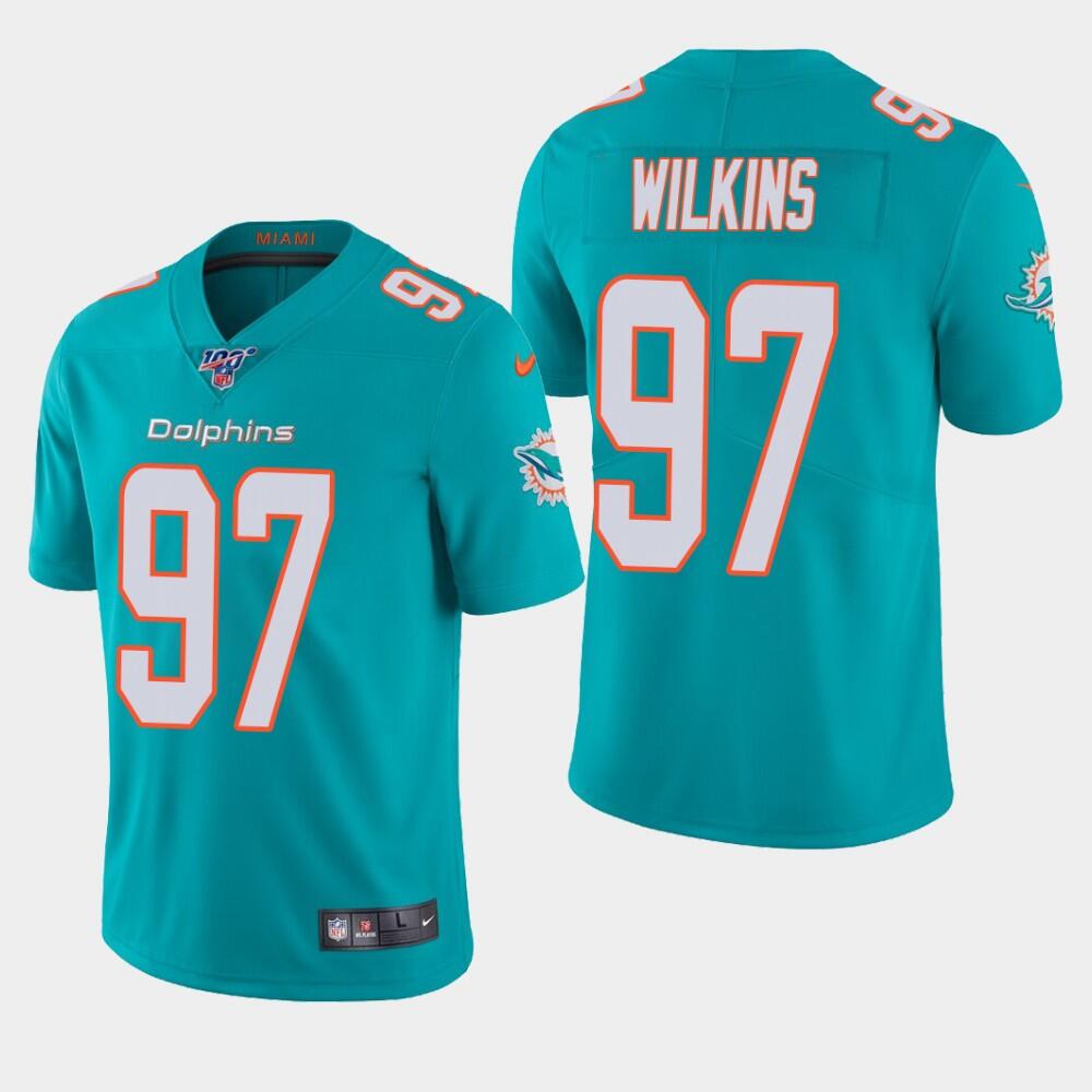 Men's Miami Dolphins #97 Christian Wilkins Aqua 2019 100th Season Vapor Untouchable Limited Stitched NFL Jersey