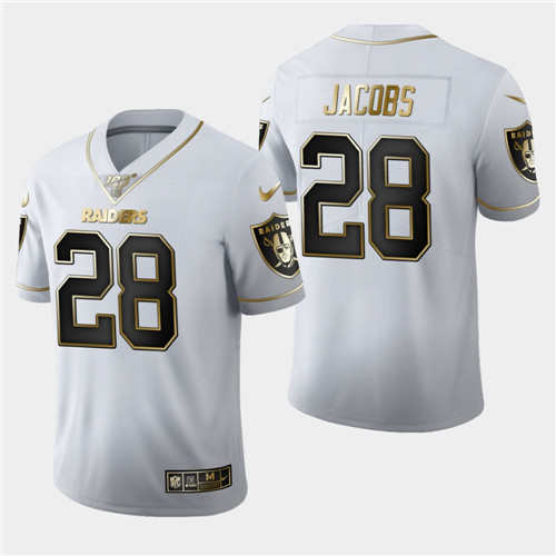Men's Oakland Raiders #28 Josh Jacobs White 2019 100th Season Golden Edition Limited Stitched NFL Jersey