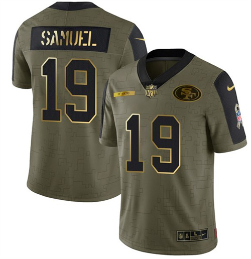 Men's San Francisco 49ers #19 Deebo Samuel 2021 Olive Camo Salute To Service Golden Limited Stitched Jersey
