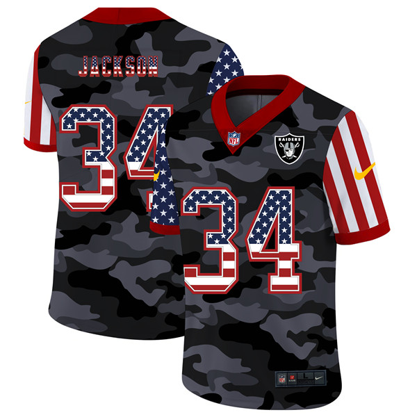 Men's Las Vegas Raiders #34 Bo Jackson Camo USA Flag Limited Stitched NFL Jersey