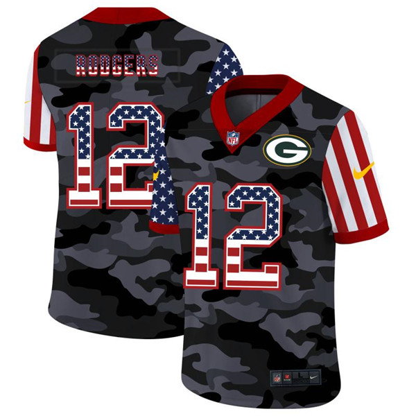 Men's Green Bay Packers #12 Aaron Rodgers 2020 Camo USA Flag Limited Stitched NFL Jersey