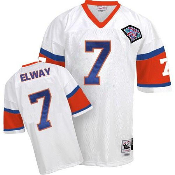 Men's Denver Broncos #7 John Elway White Mitchell and Ness Throwback 75th Patch Stitched Jersey