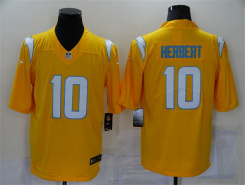 Men's Los Angeles Chargers #10 Justin Herbert Gold 2021 Inverted Legend Stitched Jersey.