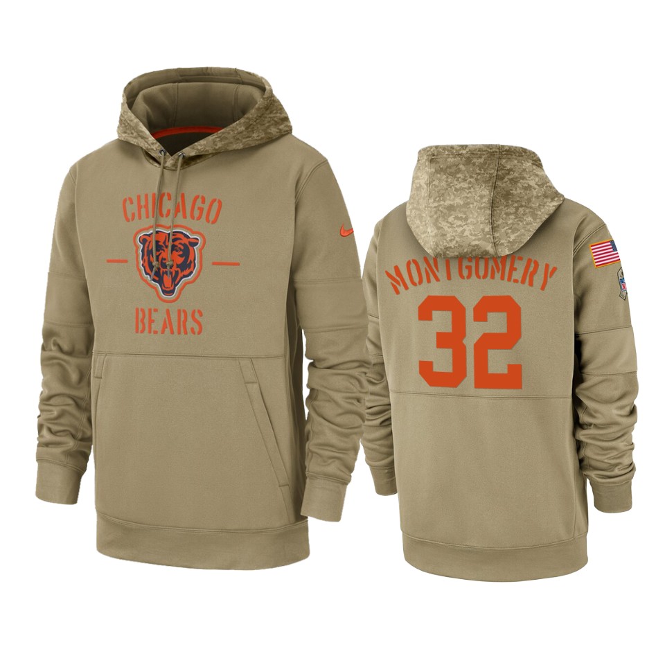 Men's Chicago Bears #32 David MontgomeryTan 2019 Salute to Service Sideline Therma Pullover Hoodie