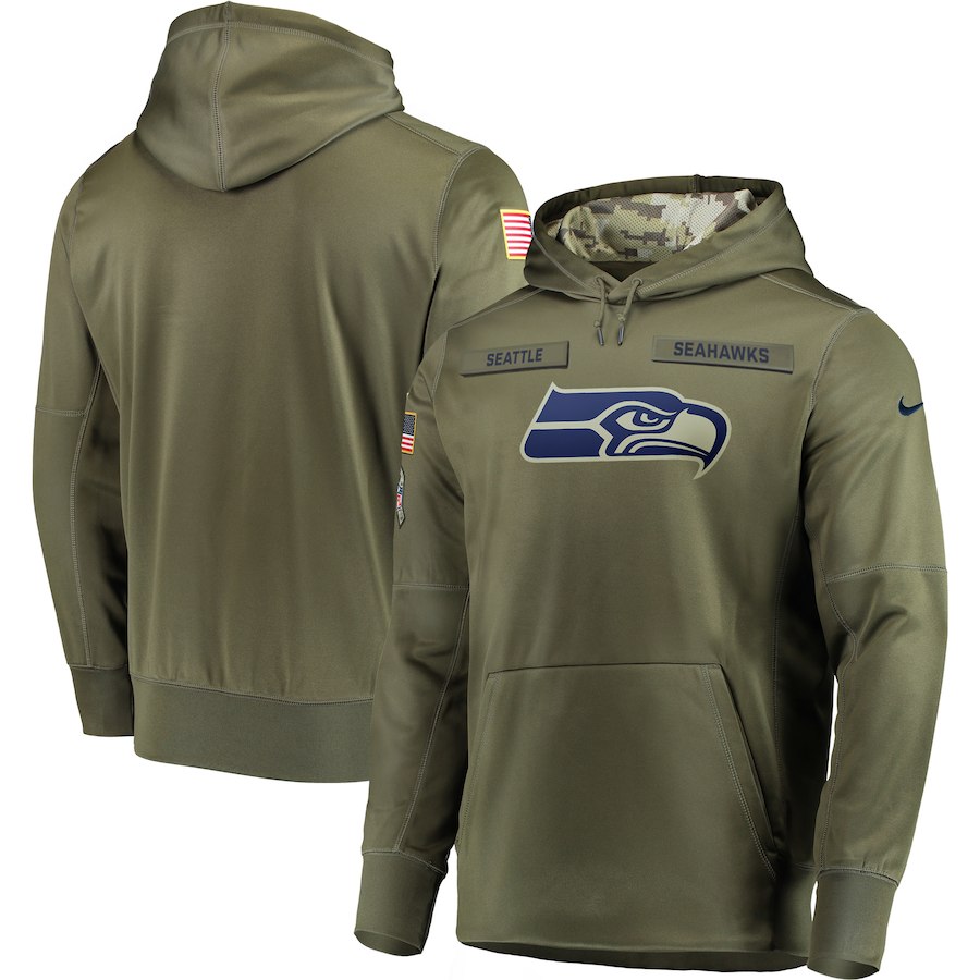 Men's Seattle Seahawks 2018 Olive Salute to Service Sideline Therma Performance Pullover Stitched NFL Hoodie
