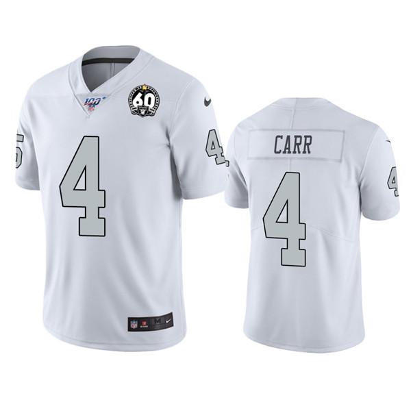 Men's Oakland Raiders #4 Derek Carr White 100th Season With 60 Patch Color Rush Limited Stitched NFL Jersey