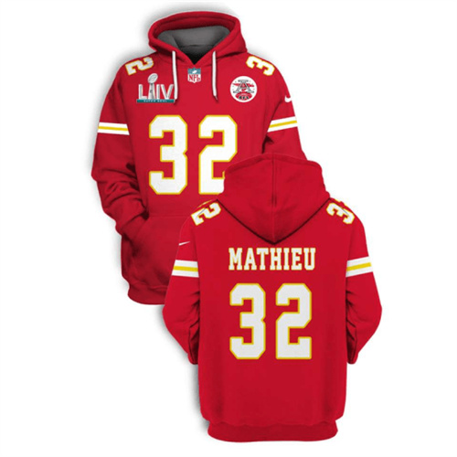 Men's Kansas City Chiefs #32 Tyrann Mathieu Red 2021 Super Bowl LIV Pullover Hoodie
