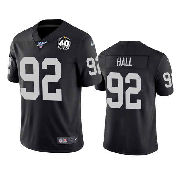 Men's Oakland Raiders #92 P.J. Hall White 100th Season With 60 Patch Vapor Limited Stitched NFL Jersey