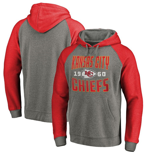 Men's Kansas City Chiefs NFL Ash Pro Line by Fanatics Branded Timeless Collection Antique Stack Tri-Blend Raglan Pullover Hoodie