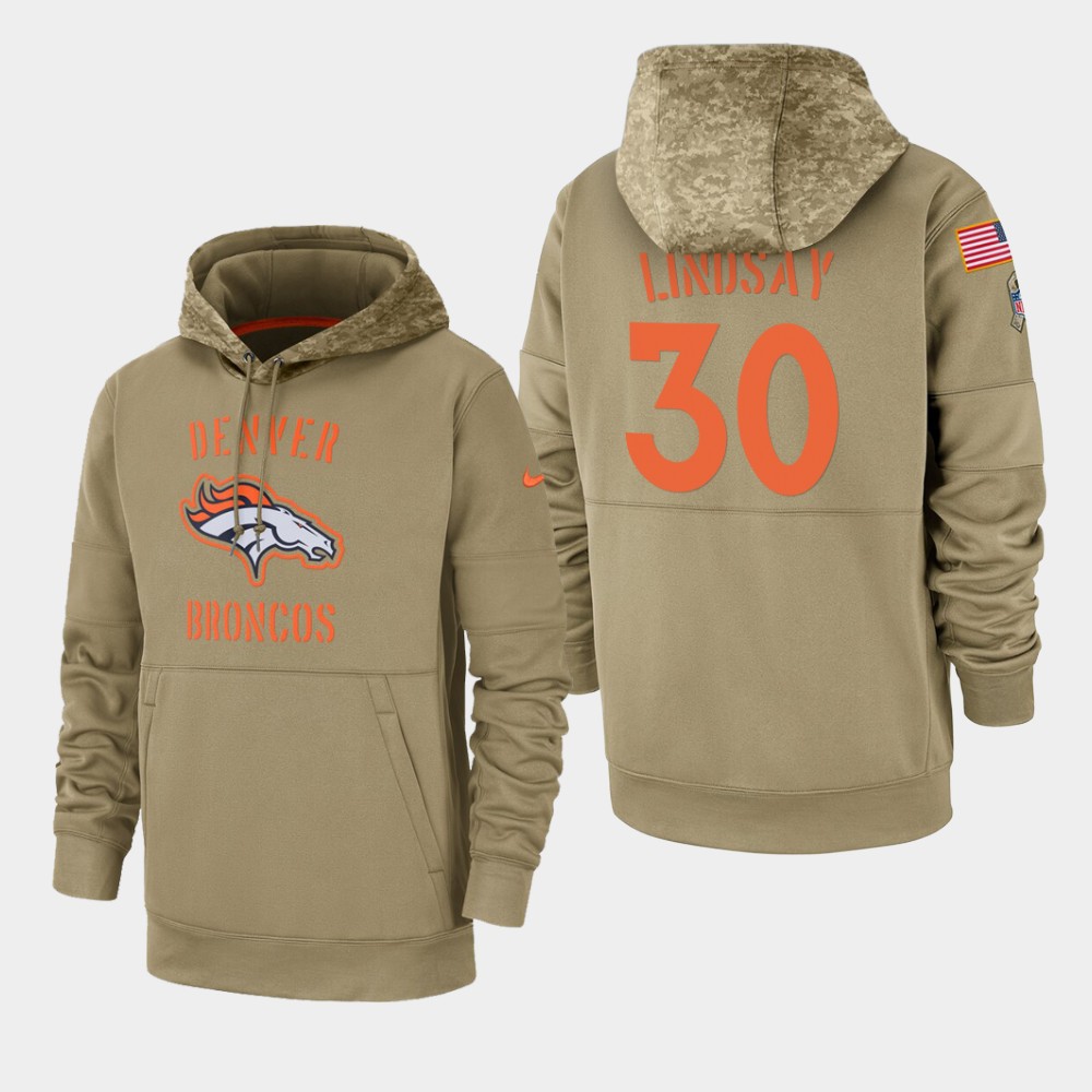 Men's Denver Broncos #30 Phillip Lindsay Tan 2019 Salute To Service Sideline Therma Pullover Hoodie