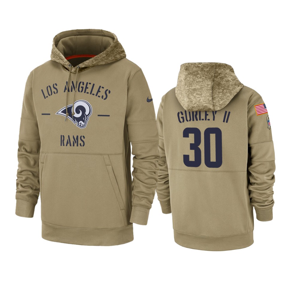 Men's Los Angeles Rams #30 Todd Gurley II Tan 2019 Salute to Service Sideline Therma Pullover Hoodie