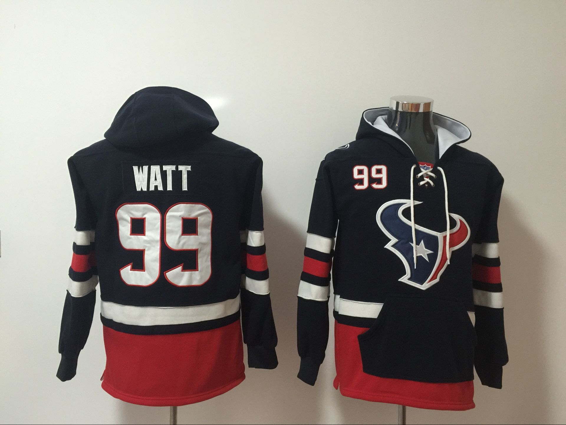Men's Houston #99 J.J. Watt Navy All Stitched NFL Hooded Sweatshirt
