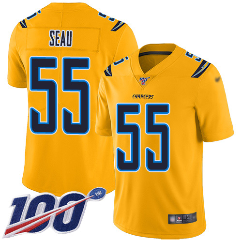Men's Los Angeles Chargers #55 Junior Seau 2019 Gold 100th Season Inverted Legend Stitched NFL Jersey