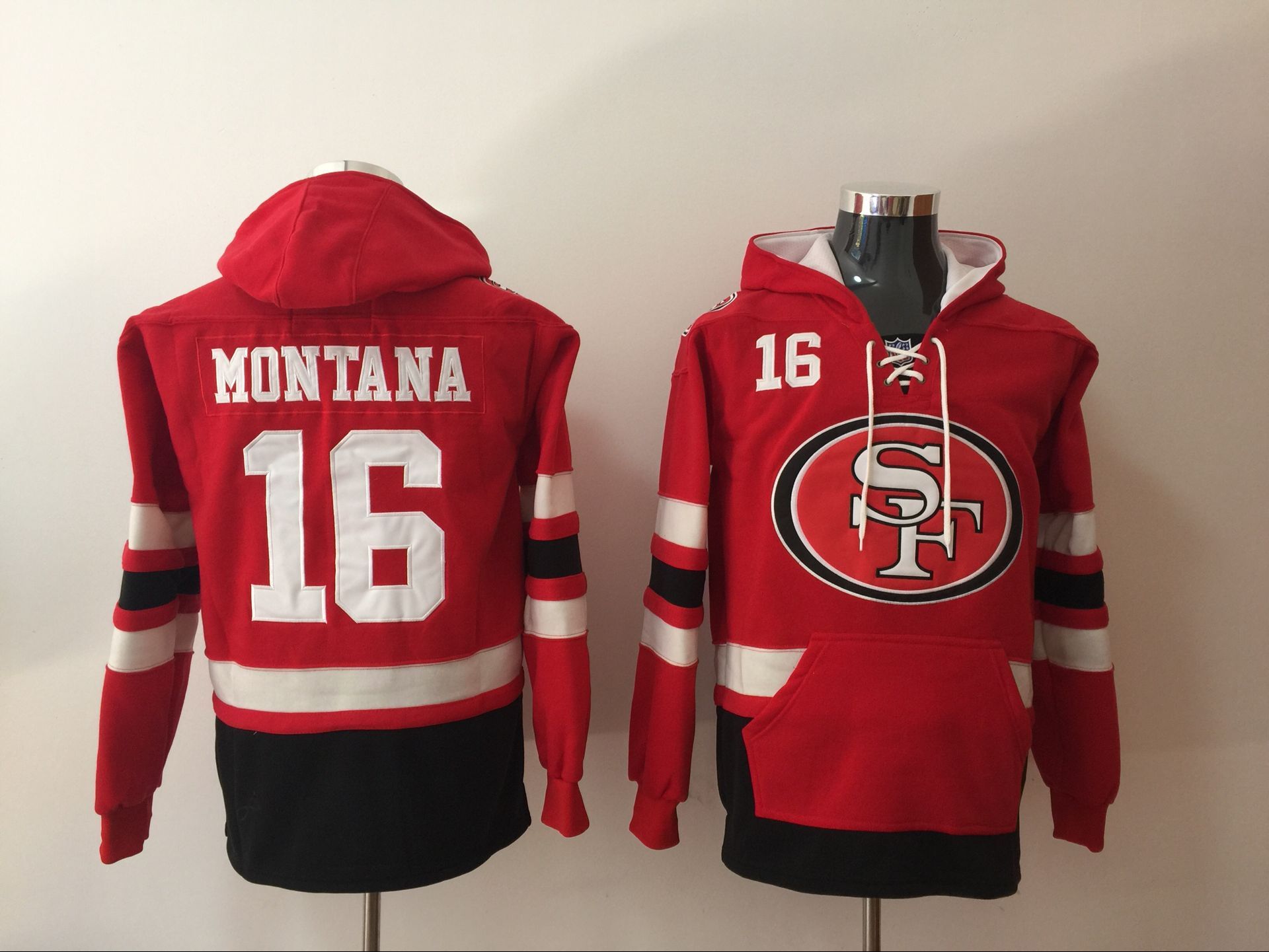 Men's San Francisco 49ers #16 Joe Montana Red All Stitched NFL Hoodie Sweatshirt