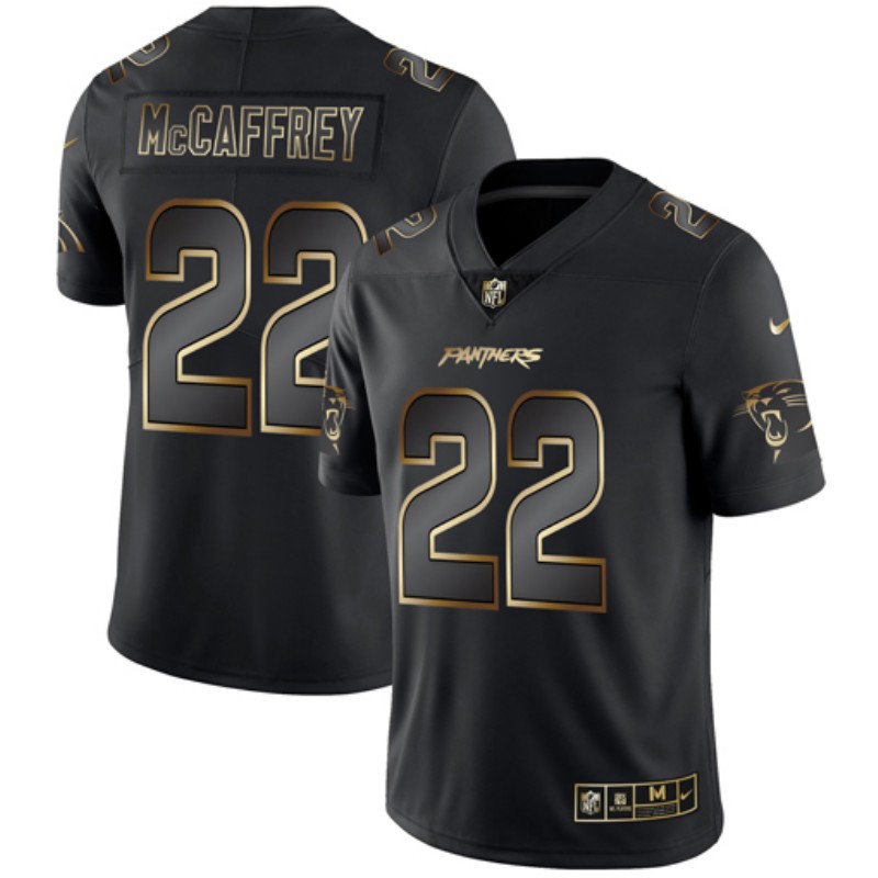 Men's Carolina Panthers #22 Christian McCaffrey 2019 Black Gold Edition Stitched NFL Jersey.