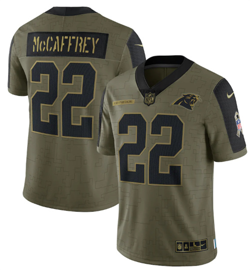 Men's Carolina Panthers #22 Christian McCaffrey 2021 Olive Salute To Service Limited Stitched Jersey