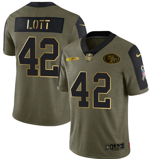 Men's San Francisco 49ers #42 Ronnie Lott 2021 Olive Camo Salute To Service Golden Limited Stitched Jersey