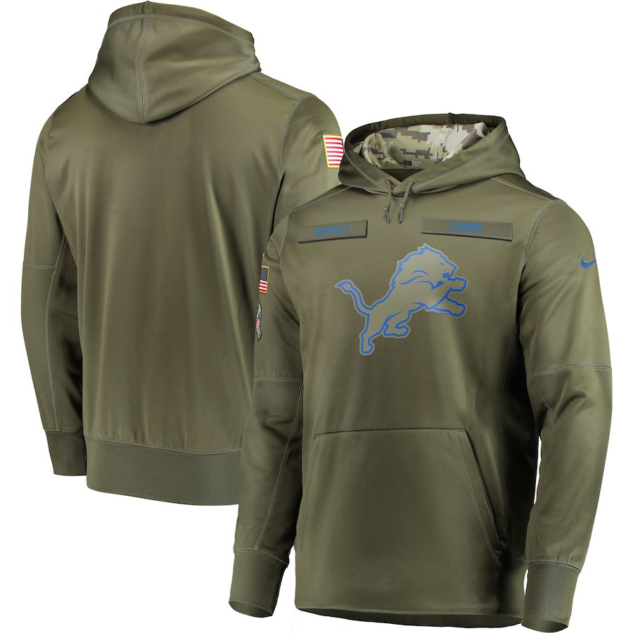 Men's Detroit Lions 2018 Olive Salute to Service Sideline Therma Performance Pullover Stitched NFL Hoodie