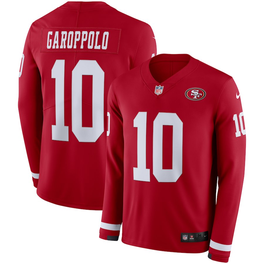 Men's 49ers #10 Jimmy Garoppolo Scarlet Therma Long Sleeve Stitched NFL Jersey