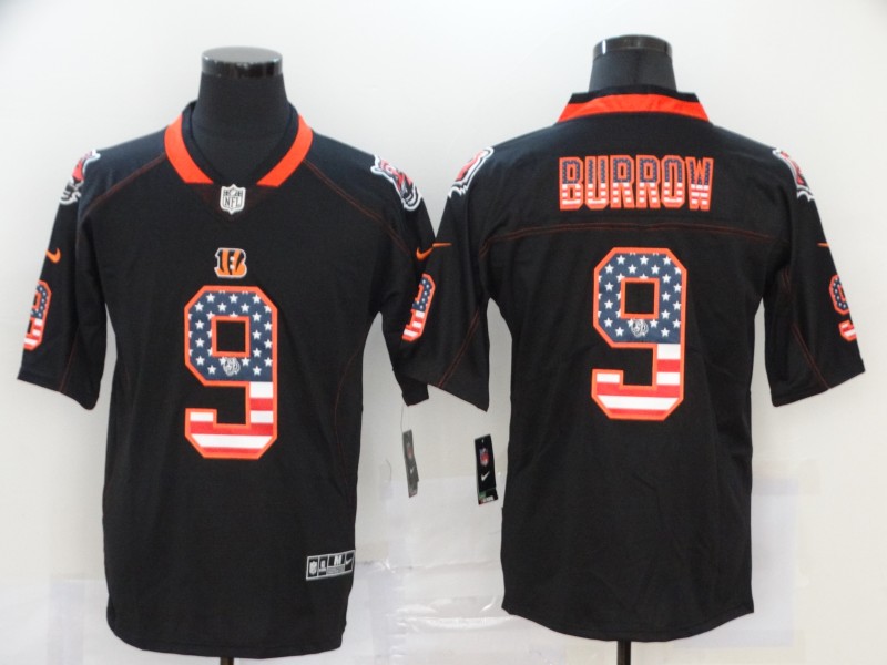 Men's Cincinnati Bengals #9 Joe Burrow Black USA Flag Fashion Limited Stitched NFL Jersey