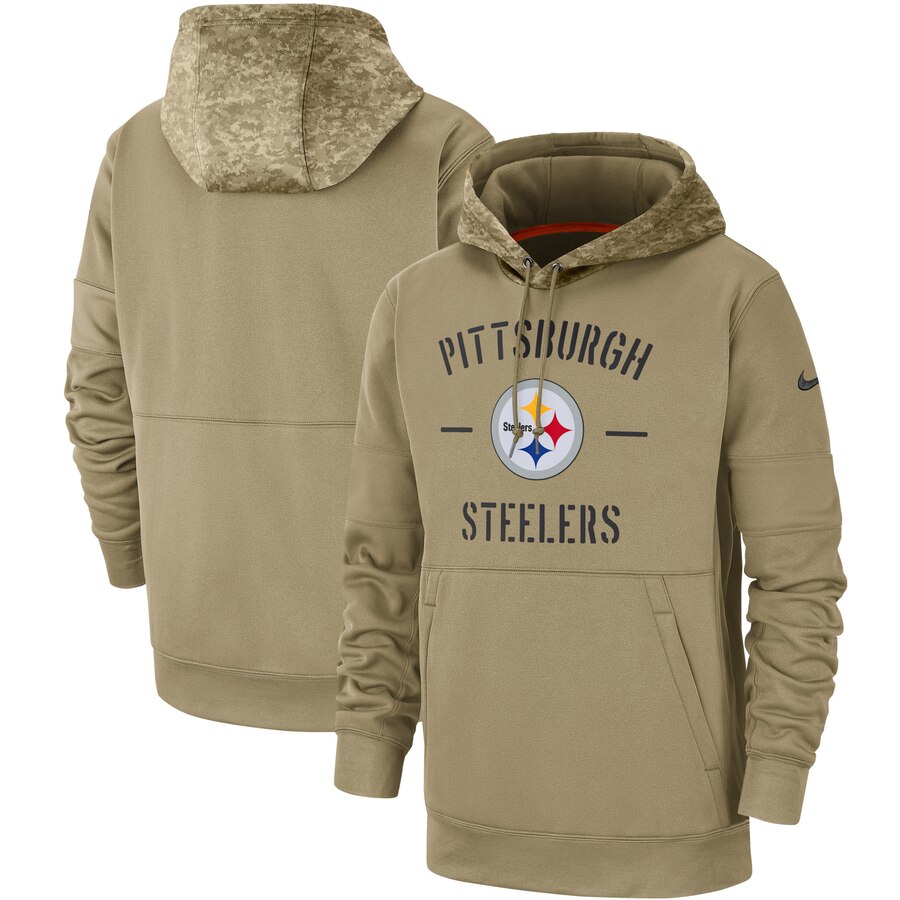 Men's Pittsburgh Steelers Tan 2019 Salute To Service Sideline Therma Pullover Hoodie