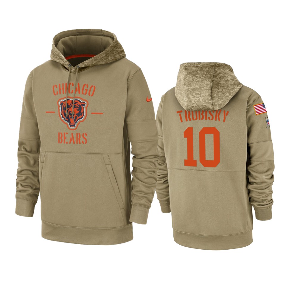 Men's Chicago Bears #10 Mitchell Trubisky Tan 2019 Salute to Service Sideline Therma Pullover Hoodie