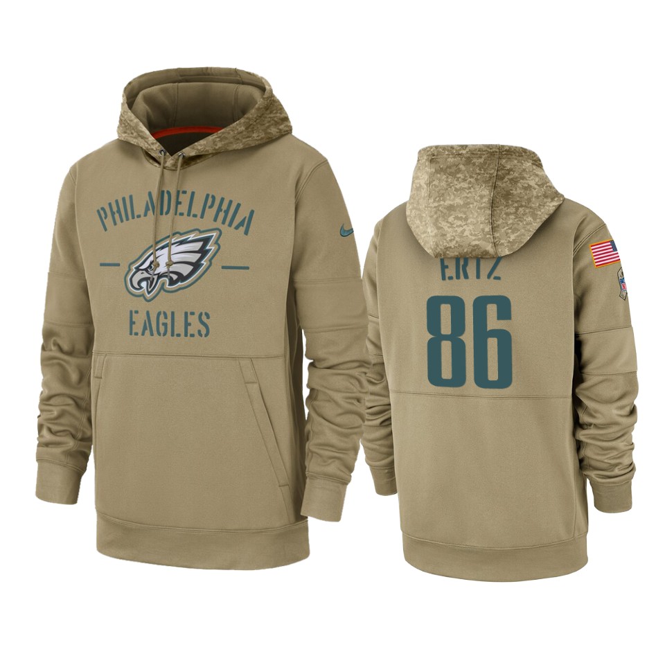 Men's Philadelphia Eagles #86 Zach Ertz Tan 2019 Salute to Service Sideline Therma Pullover Hoodie