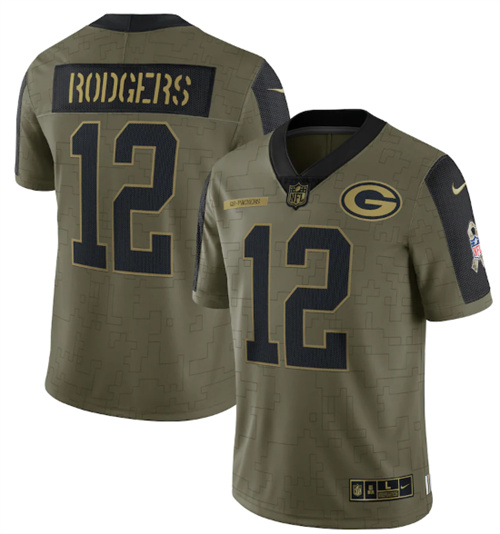 Men's Green Bay Packers #12 Aaron Rodgers 2021 Olive Salute To Service Limited Stitched Jersey
