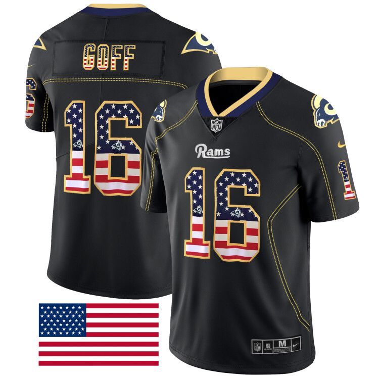 Men's Los Angeles Rams #16 Jared Goff 2018 Black USA Flag Color Rush Limited Fashion NFL Stitched Jersey