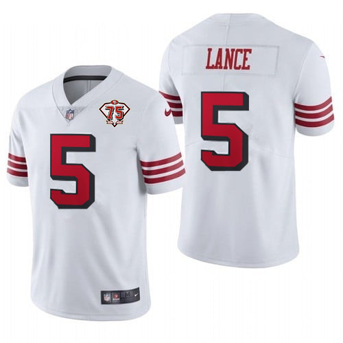 Men's San Francisco 49ers #5 Trey Lance 2021 White 75th Anniversary Alternate Vapor Untouchable Stitched NFL Jersey (Check description if you want Women or Youth size)