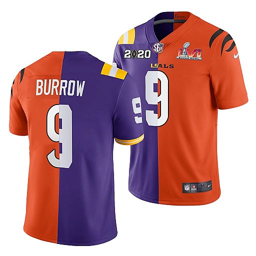 Men's Cincinnati Bengals X LSU Tigers #9 Joe Burrow 2022 Purple/Orange Split Super Bowl LVI Stitched Jersey