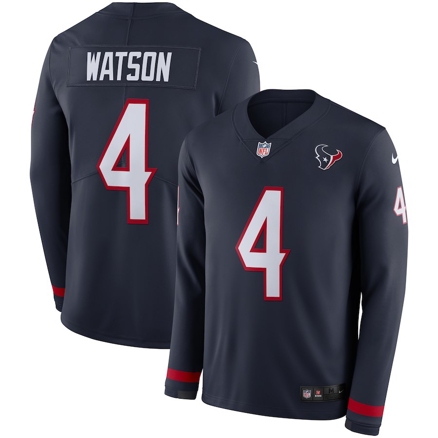 Men's Texans #4 Deshaun Watson Navy Therma Long Sleeve Stitched NFL Jersey