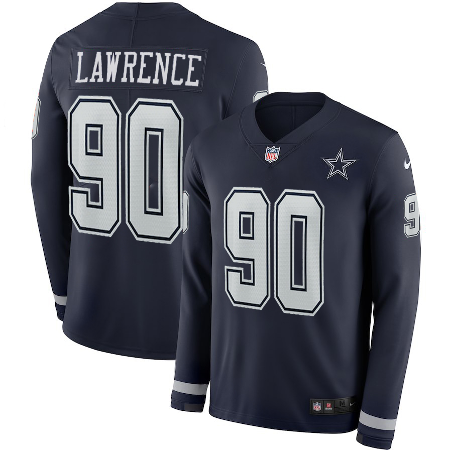 Men's Cowboys #90 Demarcus Lawrencs Navy Therma Long Sleeve Stitched NFL Jersey