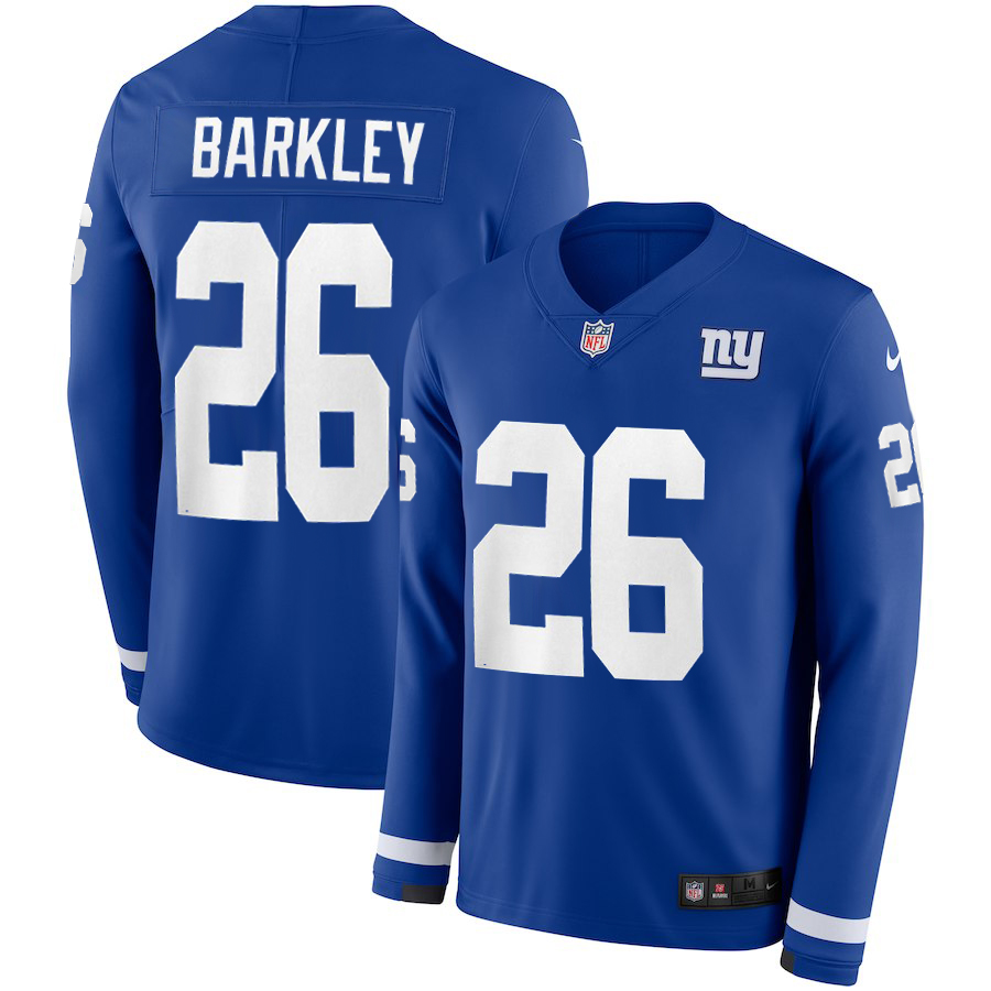 Men's Giants #26 Saquon Barkley Royal Therma Long Sleeve Stitched NFL Jersey