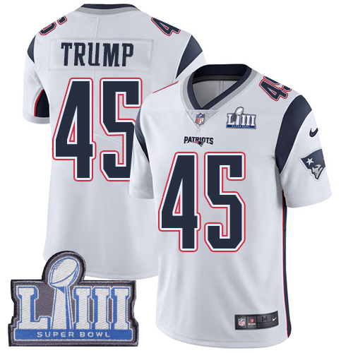 Men's New England Patriots # 45 Donald Trump White Super Bowl LIII Vapor Untouchable Limited Stitched NFL Jersey