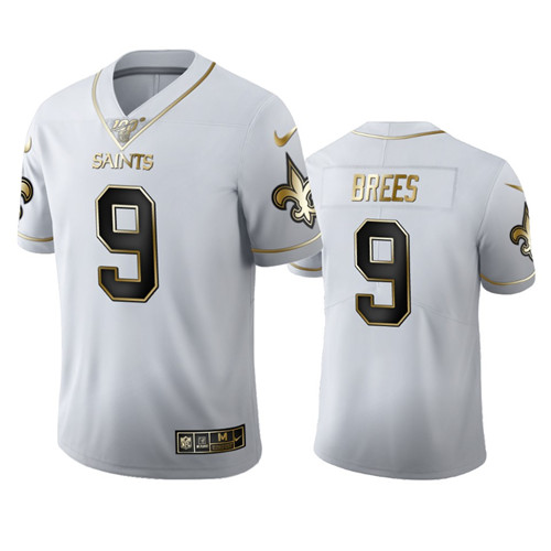 Men's New Orleans Saints #9 Drew Brees White 2019 100th Season Golden Edition Limited Stitched NFL Jersey