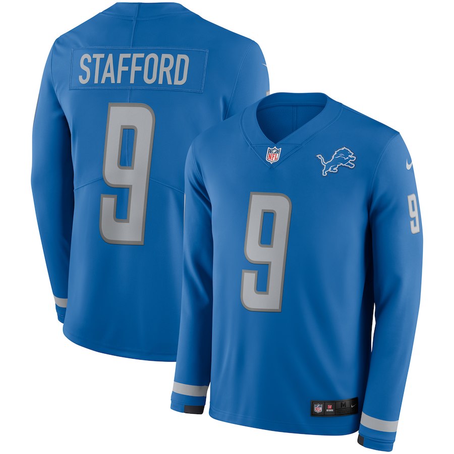 Men's Lions #9 Matthew Stafford Blue Therma Long Sleeve Stitched NFL Jersey