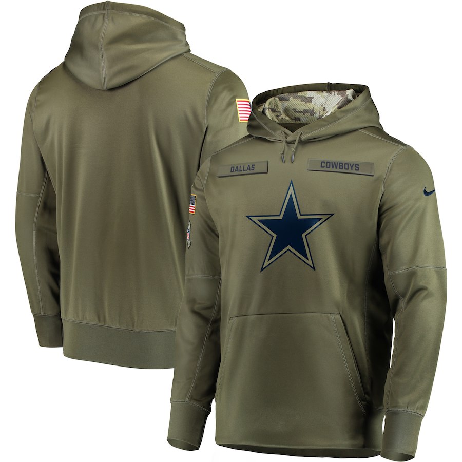 Men's Dallas Cowboys 2018 Olive Salute to Service Sideline Therma Performance Pullover Stitched NFL Hoodie