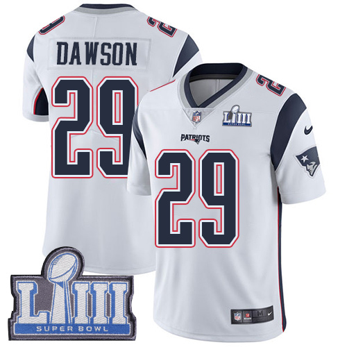 Men's New England Patriots #29 Duke Dawson White Super Bowl LIII Vapor Untouchable Limited Stitched NFL Jersey