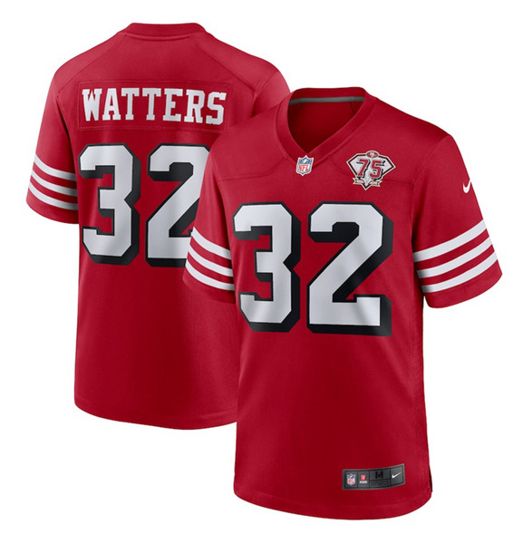 Men's San Francisco 49ers #32 Ricky Watters Red 2021 75th Anniversary Stitched NFL Game Jersey (Check description if you want Women or Youth size)