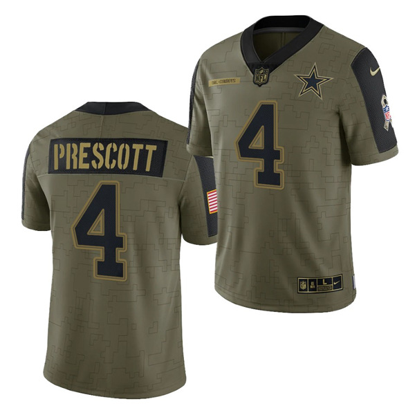 Men's Dallas Cowboys #4 Dak Prescot 2021 Olive Salute To Service Limited Stitched Jersey