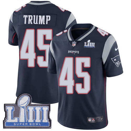 Men's New England Patriots #45 Donald Trump Navy Blue Super Bowl LIII Vapor Untouchable Limited Stitched NFL Jersey