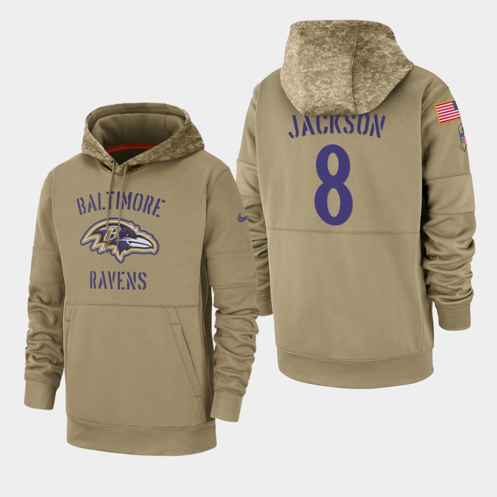 Men's Baltimore Ravens #8 Lamar Jackson 2019 Tan Salute To Service Sideline Therma Performance Pullover Hoodie