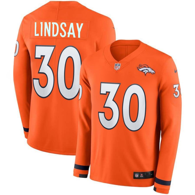 Men's Denver Broncos #30 Phillip Lindsay Orange Therma Long Sleeve Stitched NFL Jersey