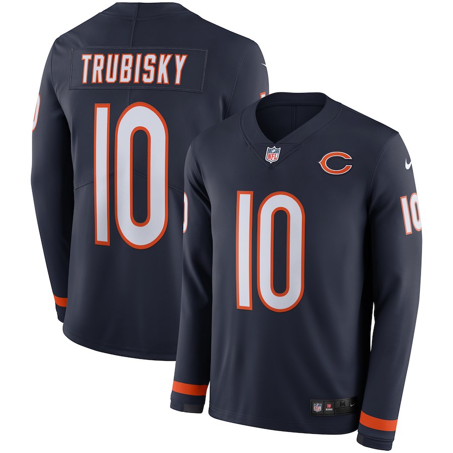 Men's Bears #10 Mitchell Trubisky Navy Therma Long Sleeve Stitched NFL Jersey