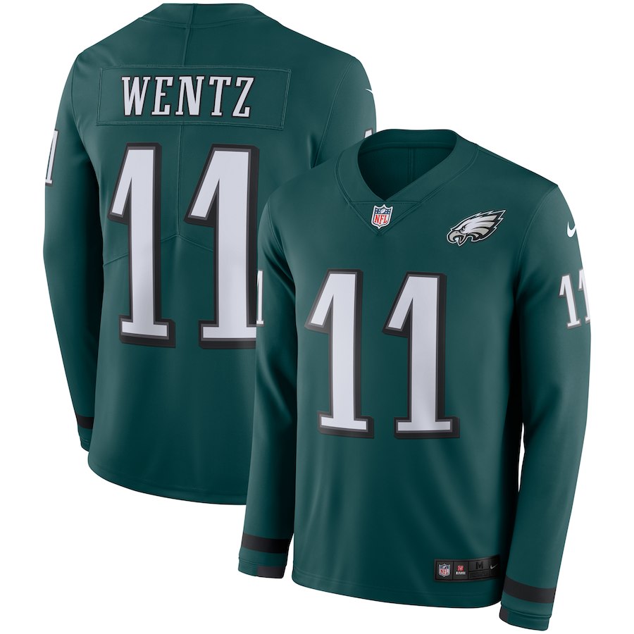 Men's Eagles #11 Carson Wentz Green Therma Long Sleeve Stitched NFL Jersey