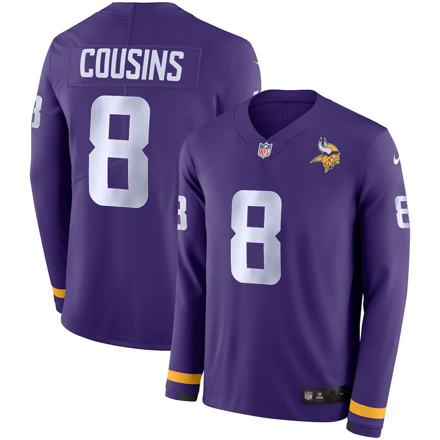 Men's Vikings #8 Kirk Cousins Purple Therma Long Sleeve Stitched NFL Jersey