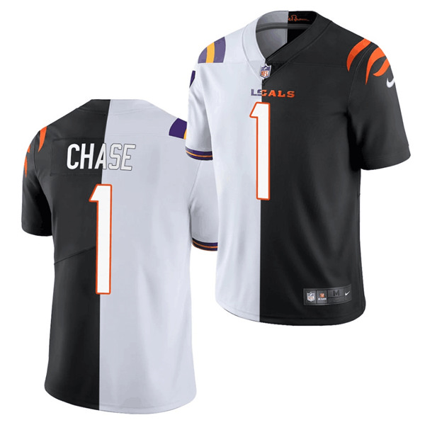 Men's Cincinnati Bengals #1 Ja'Marr Chase 2021 Black/White Split Stitched NFL Jersey