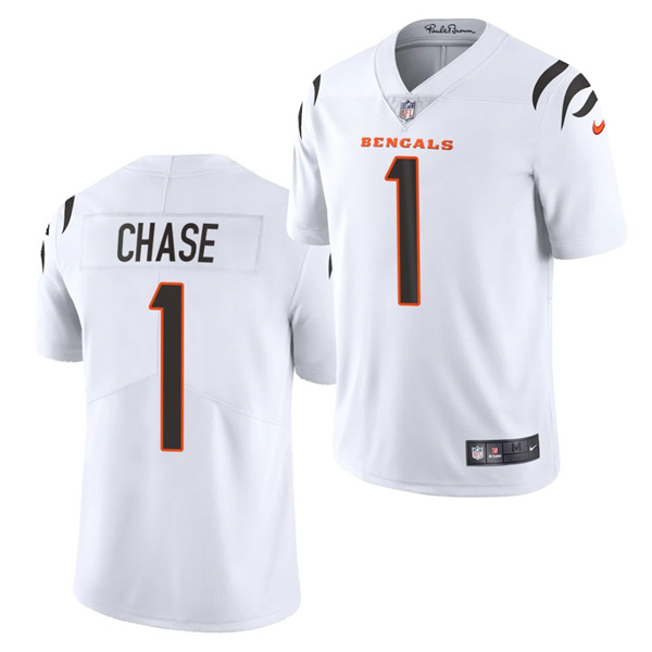 Men's Cincinnati Bengals #1 Ja'Marr Chase 2021 NFL Draft White Vapor Limited Stitched Jersey (Check description if you want Women or Youth size)
